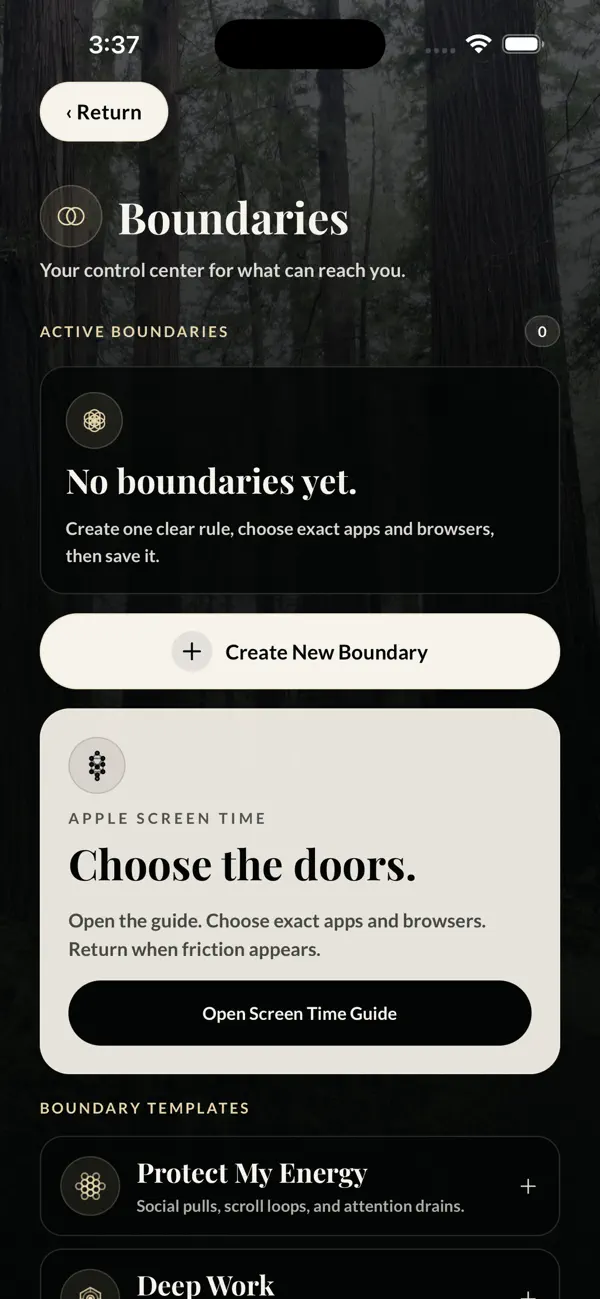 AWARE’s Boundaries screen, with selected app boundaries and a Create New Boundary control.
