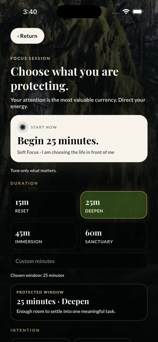 AWARE’s Deep Focus setup with duration, intention, and boundary choices.